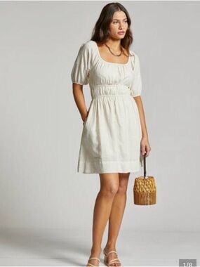 Square-Neck Cream Mini Dress with Puff Sleeves